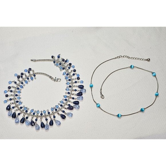 Avon Bead Fringe Choker & Unbranded Blue Cat Eye Floater Necklace, Vintage - Picture 1 of 10